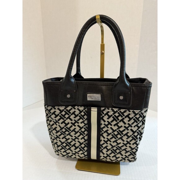 Tommy Hilfiger Handbags - Tommy Hilfiger Black/Cream Leather Monogram Logo Shoulder Tote Bag BW86918259